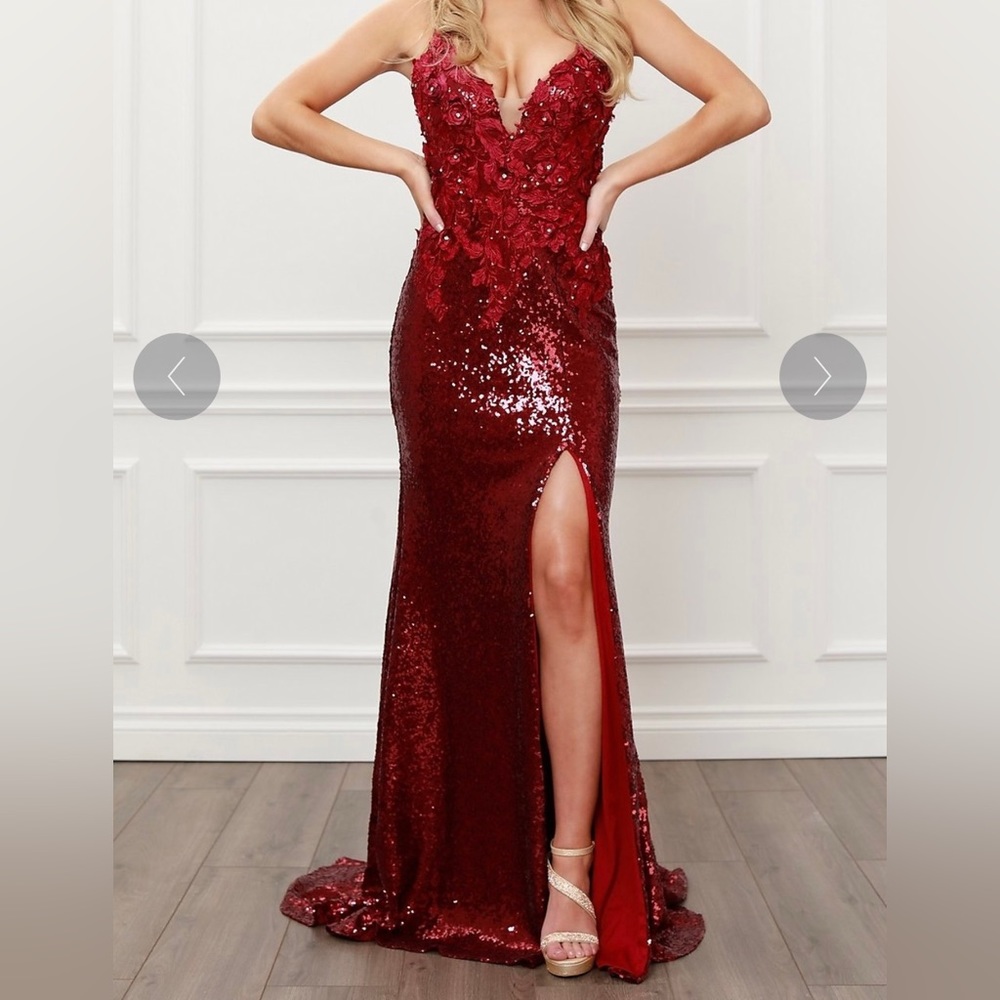 Burgundy Red Sequence Gem Long Formal Dress